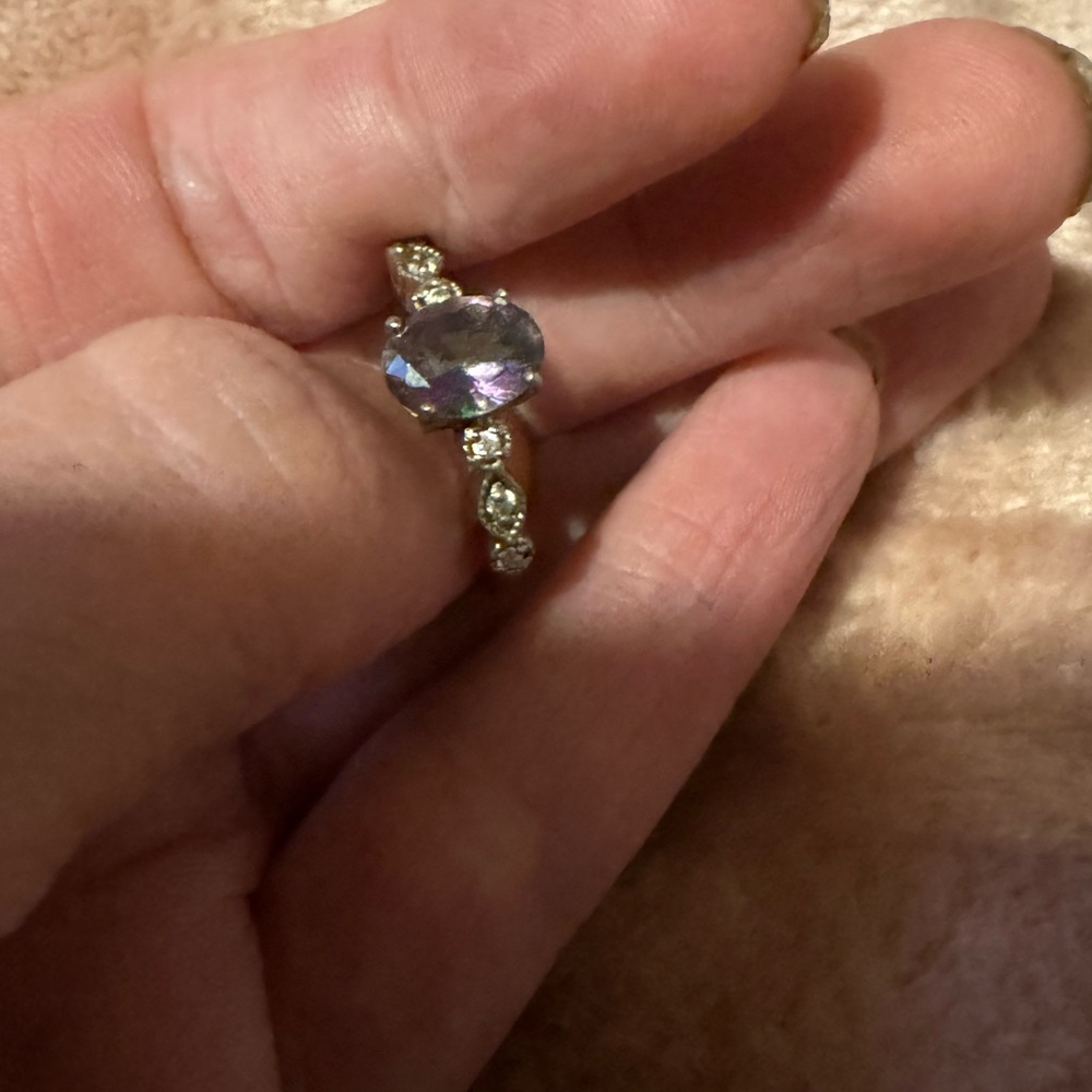 Mystic topaz ring with cubic zirconia and a sterling silver band size 5